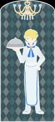 Rule 34 | 1boy, apron, argyle, argyle background, argyle clothes, arm at side, blonde hair, blue background, blue eyes, blue neckerchief, border, buttons, chandelier, chef, commentary request, creatures (company), double-breasted, elite four, foxrain1223, game freak, heart, holding, holding tray, looking to the side, male focus, neckerchief, nintendo, pants, partial commentary, pokemon, pokemon xy, sanpaku, siebold (pokemon), standing, tray, white apron, white border, white pants, white uniform