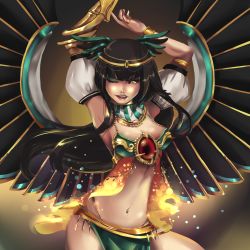 Rule 34 | 1girl, ;), absurdres, alternate costume, armpits, arms up, black hair, breasts, circlet, cleavage, dancing, egyptian, eyeshadow, hannah santos, harem outfit, head wings, highres, hime cut, jewelry, large wings, lips, loincloth, long hair, looking at viewer, makeup, medium breasts, midriff, navel, one eye closed, reiuji utsuho, revealing clothes, ring, see-through, single gauntlet, narrow waist, smile, symbol-shaped pupils, thumb ring, touhou, wings, yellow eyes
