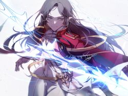 Rule 34 | 1girl, :&gt;, adele (maplestory), black hair, cape, closed mouth, energy, energy sword, grey background, grey eyes, highres, long hair, long sleeves, looking to the side, maplestory, pants, pointy ears, red cape, solo, sword, uniform, weapon, white pants, yoteh