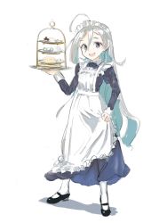 Rule 34 | 1girl, :d, ahoge, alternate costume, apron, black footwear, ceroliz, enmaided, full body, grey eyes, grey hair, hair down, highres, kantai collection, kiyoshimo (kancolle), long hair, looking at viewer, maid, maid apron, maid headdress, mary janes, open mouth, shoes, simple background, smile, solo, white background, white legwear