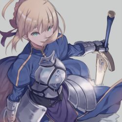 Rule 34 | 1girl, ahoge, armor, armored dress, artoria pendragon (fate), auru t, blonde hair, braid, breastplate, dutch angle, excalibur (fate/stay night), fate/stay night, fate (series), french braid, from above, gauntlets, grey background, hair between eyes, hair over mouth, hair ribbon, juliet sleeves, long sleeves, looking at viewer, planted, puffy sleeves, ribbon, saber (fate), solo, weapon