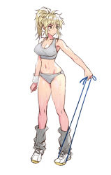 Rule 34 | 1girl, bare arms, bare shoulders, blonde hair, breasts, cleavage, commentary request, full body, grey legwear, hair between eyes, large breasts, long hair, loose socks, matsuda (matsukichi), midriff, navel, original, ponytail, shoes, sidelocks, sneakers, socks, solo, standing, stomach, sweatband, thighs, white footwear
