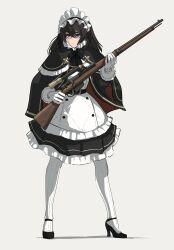 Rule 34 | 1girl, asterisk kome, black dress, black hair, blue eyes, bolt action, capelet, collar, dress, frilled collar, frilled dress, frills, gloves, grey background, gun, heroes of order, high heels, highres, holding, holding gun, holding weapon, long hair, maid, maid headdress, multicolored clothes, multicolored dress, rifle, scope, sniper rifle, solo, thighhighs, weapon, white dress, white gloves, white thighhighs