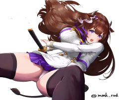Rule 34 | 1girl, animal ears, artist name, artist request, azur lane, breasts, brown hair, brown thighhighs, buttons, capelet, cow ears, cow girl, cow horns, cow tail, double-breasted, highres, holding, holding sword, holding weapon, horns, jacket, kashino (azur lane), large breasts, long hair, looking at viewer, microskirt, open mouth, panties, pantyshot, pink panties, purple eyes, purple skirt, sheath, sheathed, simple background, skirt, solo, sword, tail, thighhighs, thighs, underwear, weapon, white background, white capelet, white jacket