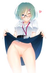 Rule 34 | 1girl, absurdres, belt, black belt, blue eyes, blue skirt, blush, breasts, cleft of venus, clothes lift, collarbone, glasses, green hair, grin, hair ornament, hairclip, heart, highres, id card, lanyard, large breasts, lifting own clothes, looking at viewer, navel, no panties, one eye closed, original, pussy, school uniform, shirt, short hair, short sleeves, skirt, skirt lift, smile, teeth, uncensored, white background, white shirt, wink, z.taiga
