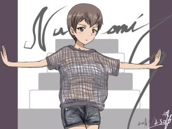 Rule 34 | 10s, 1girl, artist name, black shorts, breasts, brown eyes, brown hair, bukkuri, character name, cleavage, closed mouth, cowboy shot, cursive, dated, denim, denim shorts, girls und panzer, looking at viewer, matching hair/eyes, medium breasts, naomi (girls und panzer), outstretched arms, see-through, shirt, short hair, short shorts, short sleeves, shorts, signature, sketch, solo, spread arms, standing, strapless, tube top, very short hair