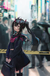 Rule 34 | 1girl, absurdres, bag, black bag, black hair, black jacket, black legwear, black shirt, black skirt, blurry, blurry background, bow, building, city, closed mouth, commentary request, cowboy shot, day, hair between eyes, hair ornament, highres, holding, holding bag, jacket, long hair, long sleeves, looking at viewer, mek, original, outdoors, people, red bow, shirt, skirt, solo, standing