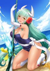 Rule 34 | 1girl, aqua hair, arched back, bare shoulders, beach, blue one-piece swimsuit, blush, bow, breasts, cleavage, cloud, cloudy sky, commentary request, day, elbow gloves, fang, fate/grand order, fate (series), flower, gloves, hair flower, hair ornament, highres, hip focus, hitotsuki nebura, horns, kiyohime (fate), kiyohime (fate/grand order), kiyohime (swimsuit lancer) (fate), kiyohime (swimsuit lancer) (second ascension) (fate), kneeling, long hair, looking at viewer, low-tied long hair, naginata, ocean, one-piece swimsuit, open mouth, outdoors, polearm, ponytail, sandals, sash, sidelocks, sky, smile, solo, swimsuit, thighs, very long hair, weapon, wet, white gloves, white legwear, yellow eyes