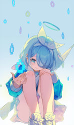 Rule 34 | 1girl, absurdres, arona (blue archive), bare legs, blue archive, blue eyes, blue hair, blue shirt, bow hairband, braid, closed mouth, gradient background, hair over one eye, hairband, halo, hand up, highres, long sleeves, looking at viewer, majiang, pixelated, sailor collar, shirt, shoes, short hair, single braid, sitting, skirt, smile, sneakers, solo, white footwear, white skirt