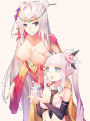 Rule 34 | 2girls, bare shoulders, blue eyes, breast milk, breasts, dragon girl, dungeon and fighter, flower, hair flower, hair ornament, highres, lactating into container, lactation, large breasts, linjinghai, long hair, multiple girls, open mouth, white hair, wide sleeves
