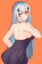 Rule 34 | 1girl, back, backless dress, backless outfit, bad id, bad pixiv id, bare arms, bare shoulders, blush, closed mouth, commentary, dress, girls&#039; frontline, green eyes, hair ornament, hk416 (girls&#039; frontline), inniyik, long hair, looking at viewer, looking back, orange background, purple dress, shoulder blades, silver hair, simple background, solo, strapless, strapless dress, very long hair