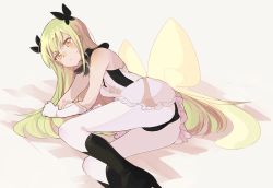 Rule 34 | &gt;:|, 1girl, :|, ass, boots, butterfly hair ornament, closed mouth, flip flappers, gloves, green hair, hair ornament, keiya, knee boots, long hair, lying, magical girl, on side, pantyhose, solo, spoilers, sweatdrop, v-shaped eyebrows, very long hair, white gloves, white pantyhose, yayaka, yellow eyes