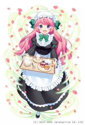 Rule 34 | 1girl, :d, apron, black footwear, black shirt, black skirt, blue eyes, blurry, blurry foreground, blush, bow, bowtie, cup, depth of field, food, full body, glass, gothic wa mahou otome, green bow, green bowtie, green ribbon, hair ribbon, hat, highres, holding, holding tray, jenevan, juliet sleeves, long hair, long sleeves, looking at viewer, maid, maid apron, maid cap, mob cap, official art, open mouth, pastry, petals, pink hair, puffy sleeves, ribbon, shirt, shoes, simple background, skirt, smile, socks, solo, tart (food), teacup, tray, watermark, white background, white socks