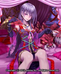 Rule 34 | 2012, black gloves, breasts, cleavage, cup, dated, earrings, elbow gloves, gloves, holding, holding cup, holding tail, indoors, jewelry, kentairui, looking at viewer, lord of knights, monster, necklace, official art, on bed, pillow, purple eyes, purple hair, see-through, short hair, silk, sitting, smile, tail, tea, teacup, watermark