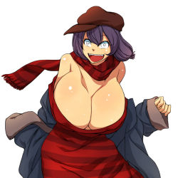 Rule 34 | 1girl, @ @, bare shoulders, bent over, breasts, cleavage, female focus, hat, hataraki ari, huge breasts, open mouth, original, purple hair, scarf, short hair, short twintails, simple background, solo, standing, twintails, white background, white eyes