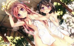Rule 34 | 2girls, :o, arm up, bare shoulders, black hair, blush, breasts, bucket, bucket on head, covering privates, dutch angle, full-face blush, hair censor, hair over breasts, highres, kantoku, kurumi (kantoku), looking at viewer, medium breasts, multiple girls, naked towel, nude, nude cover, object on head, one side up, onsen, open mouth, original, pink hair, purple eyes, scan, shizuku (kantoku), side ponytail, smile, steam, towel, tree, two side up, wading, wet, white towel, wooden bucket