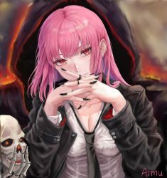 Rule 34 | 1girl, aimu (angry9565), black nails, black necktie, breasts, cleavage, eyebrows hidden by hair, highres, hololive, hololive english, large breasts, long hair, looking at viewer, mori calliope, nail polish, necktie, pink hair, red eyes, shinigami, skull, smile, virtual youtuber