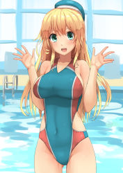 Rule 34 | 10s, 1girl, atago (kancolle), bad id, bad pixiv id, bare arms, bare shoulders, beret, blonde hair, blue one-piece swimsuit, blurry, breasts, collarbone, competition swimsuit, cowboy shot, depth of field, green eyes, hair between eyes, hat, highres, impossible clothes, kantai collection, large breasts, lips, long hair, looking at viewer, multicolored clothes, multicolored swimsuit, one-piece swimsuit, open mouth, osananajimi neko, solo, swimsuit, thighs