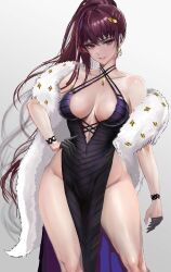 Rule 34 | 1girl, absurdres, bare shoulders, breasts, breasts apart, collarbone, dolla (dark rose) (nikke), dolla (nikke), dress, goddess of victory: nikke, hand on own hip, hashtag-only commentary, highres, kyel hyde, large breasts, long hair, looking at viewer, open mouth, plunging neckline, ponytail, purple eyes, side ponytail, simple background, sketch, smile, solo, very long hair, white background