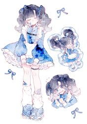 Rule 34 | 1girl, @ @, apron, bandaid, bandaid on cheek, bandaid on face, bandaid on head, bandaid on leg, black hair, blue dress, blue footwear, blue ribbon, blush stickers, closed eyes, commentary, dress, flying sweatdrops, fork, frilled apron, frilled dress, frills, gauze, gauze on leg, hair ribbon, hand up, highres, holding, holding fork, long hair, long sleeves, looking at viewer, loose socks, multiple views, open mouth, original, parted lips, ribbon, shoes, short dress, signature, simple background, smile, socks, symbol-only commentary, thigh strap, twintails, utaha uta, watercolor effect, white apron, white background, white socks, zipper, zipper pull tab