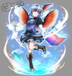 Rule 34 | 1girl, absurdres, bird girl, bird wings, blue hair, book, boots, brown footwear, clothing cutout, commission, english text, frilled skirt, frilled sleeves, frills, full body, grey background, head wings, highres, horns, jewelry, knee boots, looking at viewer, magic circle, mitama mudimudi, multicolored hair, red eyes, red wings, single head wing, skeb commission, skirt, smile, solo, streaked hair, tokiko (touhou), touhou, twitter username, two-tone background, two-tone hair, white hair, wide sleeves, wings