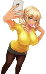 Rule 34 | 1girl, bad id, bad twitter id, black pantyhose, blonde hair, blue eyes, breasts, condom, condom in mouth, condom wrapper, dark-skinned female, dark skin, drill hair, fingernails, highres, kabocha head, large breasts, looking at viewer, miniskirt, mouth hold, pantyhose, selfie, shirt, simple background, skirt, smile, solo, standing, v, white background, yellow shirt