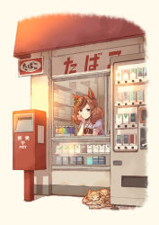 Rule 34 | 1girl, animal ears, blouse, bow, brown eyes, brown hair, cat, cigarette pack, commentary request, ear covers, ear ribbon, highres, horse ears, horse girl, japanese postal mark, lighter, looking at viewer, multicolored hair, nice nature (umamusume), postbox (outgoing mail), purple shirt, satomura kyou, school uniform, shirt, shop, streaked hair, tracen school uniform, translated, twintails, umamusume, upper body, vending machine