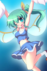 Rule 34 | 1girl, alternate costume, armpits, blush, breasts, cheerleader, crop top, crop top overhang, d;, daiyousei, fairy wings, geo (yukishitadou), green eyes, green hair, hip focus, jumping, matching hair/eyes, midriff, miniskirt, navel, one eye closed, open mouth, pom pom (cheerleading), side ponytail, skirt, small breasts, solo, thighs, touhou, wavy mouth, wind, wind lift, wings