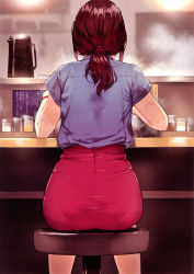 Rule 34 | 1girl, absurdres, ass, back, blue shirt, blurry, blurry background, bracelet, bralines, brown hair, chair, counter, doushimasho, from behind, highres, indoors, jewelry, long hair, office lady, original, pantylines, ponytail, red skirt, restaurant, scan, shirt, short sleeves, simple background, sitting, skirt, steam, sweat, wet, wet clothes