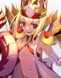 Rule 34 | 1girl, ahoge, bikini, blonde hair, braid, breasts, chalice, criss-cross halter, crown, cup, dragon claw, dragon tail, elbow gloves, facial mark, fate/grand order, fate (series), french braid, gloves, hair bun, hair intakes, hair ribbon, halterneck, highres, long hair, looking at viewer, navel, nero claudius (fate), nero claudius (fate) (all), open clothes, open mouth, pretzel bikini, queen draco (fate), queen draco (second ascension) (fate), red bikini, red eyes, red ribbon, ribbon, robe, ryofuhiko, scales, small breasts, smile, solo, swimsuit, tail, white gloves, white robe