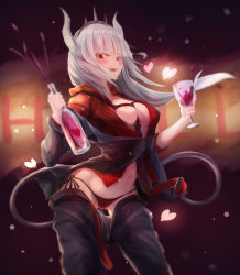 Rule 34 | 1girl, absurdres, aden 07, belt, between breasts, black pants, blurry, blurry foreground, blush, bottle, breasts, brown belt, commentary request, cup, demon girl, demon horns, demon tail, drinking glass, fangs, grey hair, heart, helltaker, highres, holding, holding bottle, holding cup, horns, long hair, looking at viewer, lucifer (helltaker), medium breasts, mole, mole under eye, open mouth, open pants, panties, pants, pussy juice, red eyes, red neckwear, red shirt, saliva, shirt, side-tie panties, smile, solo, tail, underwear, white hair, white horns, wine glass