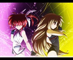 Rule 34 | 2girls, back-to-back, bardiche (nanoha), bardiche (standby form) (nanoha), black gloves, black leotard, blonde hair, closed eyes, closed mouth, cowboy shot, fate testarossa, fingerless gloves, from side, frown, gloves, hair ribbon, holding, leotard, letterboxed, light particles, long hair, lyrical nanoha, magic circle, mahou shoujo lyrical nanoha, mahou shoujo lyrical nanoha innocent, multiple girls, no pants, panties, raising heart, raising heart (standby mode), red eyes, red hair, ribbon, shirt, short twintails, sleeveless, sleeveless shirt, smile, takamachi nanoha, tappa (esperanza), twintails, underwear, v-shaped eyebrows, white panties, white ribbon, white shirt
