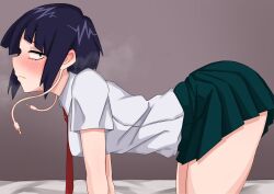 Rule 34 | 1girl, absurdres, all fours, audio jack, black eyes, black hair, blush, boku no hero academia, breasts, breath, closed mouth, ear blush, earphones, ekibyoudayo, extra ears, from side, green skirt, highres, jirou kyouka, looking back, miniskirt, necktie, pleated skirt, red necktie, school uniform, shirt, short hair, short sleeves, skirt, small breasts, solo, sweat, thighs, white shirt