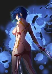 Rule 34 | 1girl, arm tattoo, arms at sides, ass, axia-chan, back tattoo, black keys (type-moon), blue eyes, blue hair, breasts, ciel (tsukihime), contrapposto, cross tattoo, crossed arms, feathers, highres, medium breasts, nipples, nude, short hair, shoulder tattoo, sidelocks, solo, splatter, tattoo, tsukihime