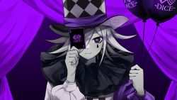 Rule 34 | alternate costume, alternate hair color, artist logo, artist name, balloon, card, checkered clothes, checkered headwear, curtains, danganronpa (series), danganronpa v3: killing harmony, english text, expressionless, flipped hair, gradient background, grey hair, hair over one eye, hands up, hat, heart, heart-shaped pupils, highres, holding, holding card, long sleeves, looking at viewer, one eye covered, oma kokichi, pastahands, playing card, puffy long sleeves, puffy sleeves, purple background, purple eyes, solo, symbol-shaped pupils, teardrop tattoo, top hat, upper body