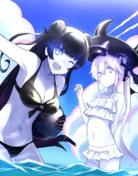 Rule 34 | 10s, 2girls, ;d, abyssal ship, arm behind back, armpits, bad id, bad pixiv id, ball, bare shoulders, beachball, bikini, bikini skirt, black bikini, black gloves, black hair, blue eyes, blue sky, breasts, cloud, collarbone, colored skin, commentary request, day, destroyer princess, double bun, flat chest, frilled bikini, frills, gloves, hair between eyes, hat, headgear, highres, kantai collection, light cruiser oni, long hair, looking at viewer, medium breasts, midriff, miniskirt, multiple girls, navel, one eye closed, open mouth, outdoors, purple eyes, side ponytail, skirt, sky, smile, swimsuit, water, weasel (close-to-the-edge), white bikini, white hair, white skin