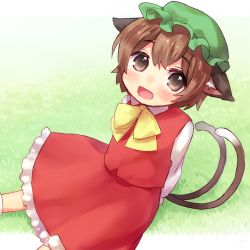 Rule 34 | 1girl, :d, animal ears, arms behind back, bad id, bad pixiv id, brown eyes, brown hair, cat ears, cat tail, chen, dress, frilled dress, frills, grass, hat, highres, looking at viewer, mob cap, multiple tails, nekomata, open mouth, outdoors, ribbon, sawatari (sado), short hair, sitting, smile, solo, tail, touhou, two tails