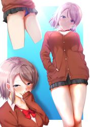 Rule 34 | 1girl, ass, blue eyes, blush, brown hair, facing viewer, from below, long sleeves, looking at viewer, love live!, love live! sunshine!!, multiple views, ponnu (nikeytina), short hair, smile, sweater, swimsuit, swimsuit under clothes, thighs, watanabe you