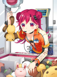 Rule 34 | 1girl, arcade, crane game, double bun, hair ornament, headset, highres, jacket, key, leaning forward, long hair, open clothes, open jacket, original, red eyes, red hair, smile, solo, stuffed animal, stuffed rabbit, stuffed cat, stuffed toy, takeda mika