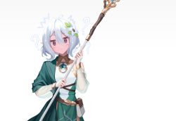 Rule 34 | 1girl, :x, ?, ^^^, absurdres, acid g, antenna hair, detached sleeves, flower, hair between eyes, hair flower, hair ornament, highres, holding, holding staff, kokkoro (princess connect!), looking at viewer, pointy ears, princess connect!, red eyes, see-through, see-through sleeves, short hair, simple background, solo, staff, white background, white hair
