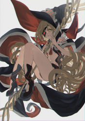 Rule 34 | 1girl, blonde hair, boots, cape, commentary request, eyepatch, full body, gradient background, green eyes, grey background, gungnir (toaru), hat, high heel boots, high heels, highres, holding, holding polearm, holding spear, holding weapon, kagura kurosaki, knees up, long hair, looking at viewer, one eye covered, othinus, polearm, solo, spear, toaru majutsu no index, toaru majutsu no index: new testament, very long hair, weapon, witch hat