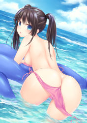 Rule 34 | 1girl, areola slip, ass, bare shoulders, bikini, black hair, blue eyes, blush, breasts, cameltoe, cloud, day, dutch angle, from behind, highres, horizon, inflatable toy, leaning forward, long hair, looking at viewer, looking back, medium breasts, n.g., ocean, open mouth, original, outdoors, pink bikini, side-tie bikini bottom, sky, solo, swimsuit, twintails, wardrobe malfunction, water