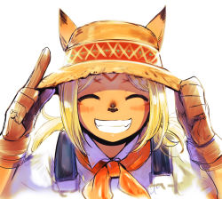Rule 34 | 00s, 1girl, animal ears, bandana, blonde hair, blush, doraeshi, ears through headwear, closed eyes, facial mark, final fantasy, final fantasy xi, gloves, hat, mithra (ff11), overalls, short hair, short twintails, smile, solo, straw hat, teeth, twintails, upper body, white background