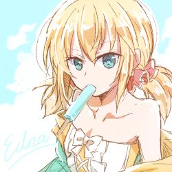 Rule 34 | 1girl, bare shoulders, bikini, blonde hair, blue eyes, bow, character name, collarbone, edna (tales), edna (water-averse girl) (tales), flat chest, food, hair between eyes, looking at viewer, mishiro (andante), official alternate costume, popsicle, short hair, short twintails, solo, strapless, strapless bikini, tales of (series), tales of zestiria, twintails, white bow