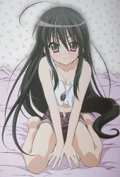 Rule 34 | 00s, 1girl, ahoge, alastor (shakugan no shana), arm support, bare legs, bare shoulders, barefoot, bed, black hair, blush, brown eyes, casual, collarbone, crop top, exif thumbnail surprise, female focus, fingernails, flat chest, full body, hair between eyes, indoors, jewelry, legs, long fingernails, long hair, looking at viewer, midriff, navel, necklace, no bra, open fly, own hands together, pendant, shakugan no shana, shana, short shorts, shorts, sitting, smile, solo, spread legs, tank top, unbuttoned, unzipped, v arms, very long hair, wall