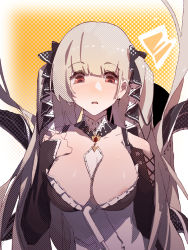 Rule 34 | 1girl, azur lane, between breasts, black dress, blush, breasts, cleavage, commentary, detached collar, dress, formidable (azur lane), hair ribbon, hand on own chest, highres, long hair, looking down, medium breasts, open mouth, orange background, polka dot, polka dot background, red eyes, ribbon, silver hair, simple background, solo, twintails, upper body, white neckwear, zanyak