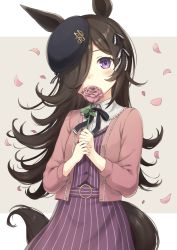 Rule 34 | 104, 1girl, animal ears, beret, black neckwear, black ribbon, blue hat, brown hair, covering own mouth, cowboy shot, dress, flipped hair, flower, hair over one eye, hair ribbon, hat, highres, holding, holding flower, horse ears, horse girl, horse tail, jacket, long hair, looking at viewer, musical note, musical note print, petals, pink flower, pink jacket, pink rose, purple dress, purple eyes, ribbon, rice shower (umamusume), rose, simple background, solo, striped clothes, striped dress, swept bangs, tail, tilted headwear, umamusume, vertical-striped clothes, vertical-striped dress