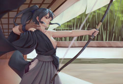 Rule 34 | 1girl, afterimage, archery, archery dojo, archery gloves, bare shoulders, bigrbear, blurry, blurry background, bow (weapon), breasts, breasts out, brown gloves, closed mouth, commentary request, depth of field, from side, gloves, grey hair, hakama, hakama skirt, highres, holding, holding bow (weapon), holding weapon, indoors, japanese clothes, long hair, medium breasts, motion blur, nipples, no bra, one breast out, original, partially fingerless gloves, ponytail, profile, red eyes, skirt, solo, standing, weapon, yumi (bow)