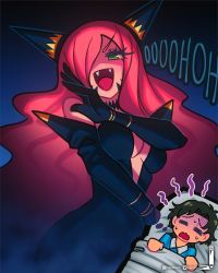 Rule 34 | 1boy, 1girl, = =, anya (spy x family), black dress, black gloves, blue background, breasts, damian desmond, dress, elbow gloves, evil smile, fangs, gloves, green eyes, green hair, hair over one eye, highres, horns, laughing, loen, long hair, looking at viewer, lying, medium breasts, nightmare, ojou-sama pose, aged up, on back, on bed, one eye covered, open mouth, pink hair, plunging neckline, shoulder spikes, sleeping, smile, solo focus, spikes, spy x family, very long hair
