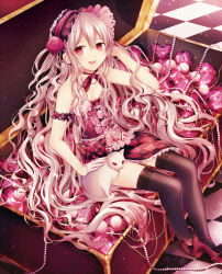Rule 34 | 1girl, abandon ranka, arm behind head, arm garter, beads, black thighhighs, blush, bow, cat, chain, checkered floor, commentary, dress, frills, gem, headband, heart, highres, long hair, looking at viewer, md5 mismatch, open mouth, original, pink eyes, pink hair, ribbon, shoes, single shoe, sitting, skirt, smile, solo, thighhighs, treasure chest, very long hair